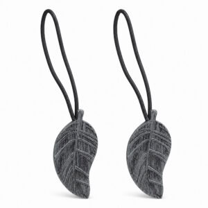 Set of 2 gray brushed wood-look leaf magnetic curtain tiebacks on a white background