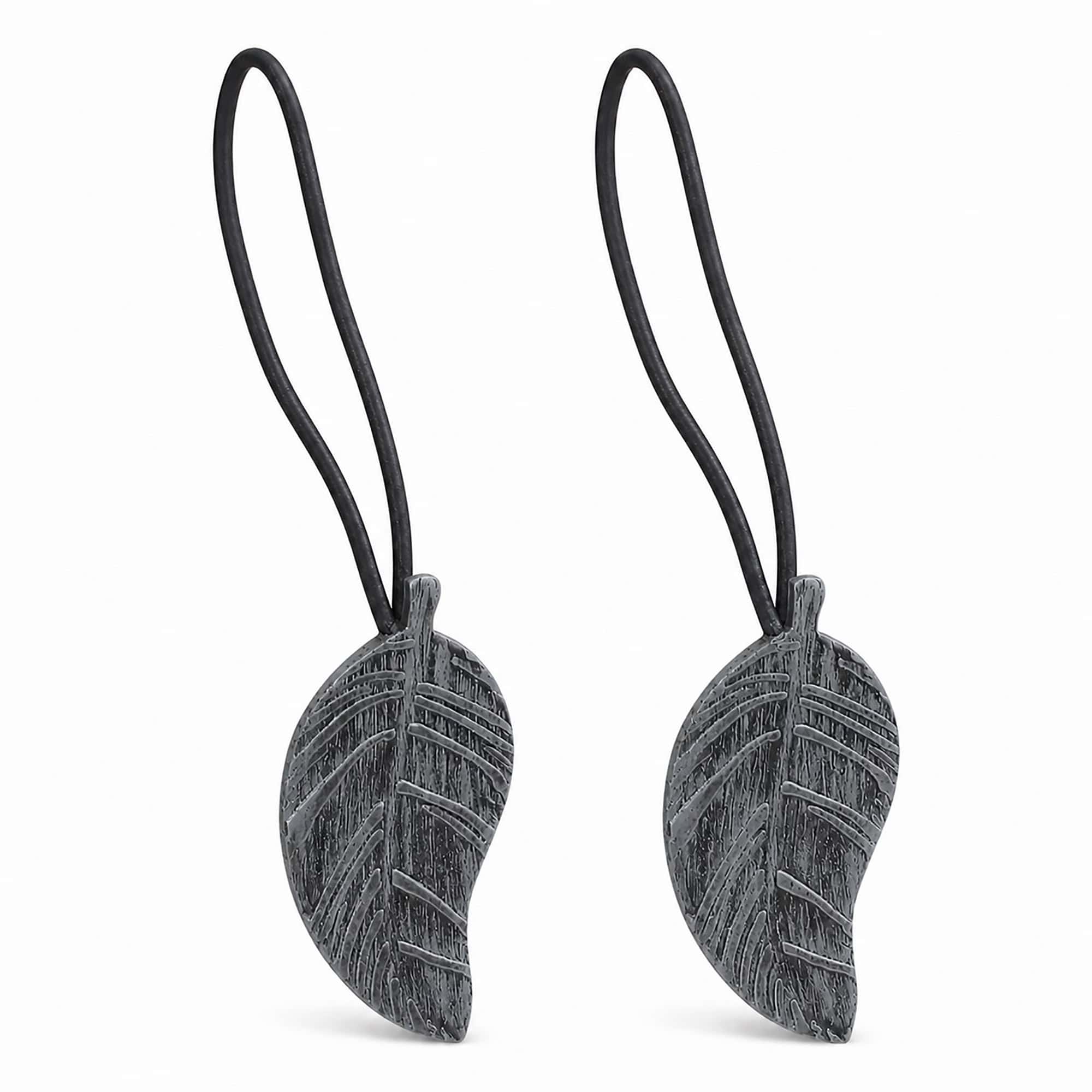 Set of 2 gray brushed wood-look leaf magnetic curtain tiebacks on a white background