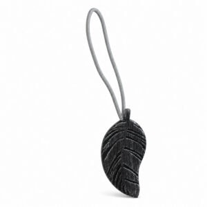 Single black brushed wood-look leaf magnetic curtain tieback on a white background