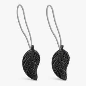 Set of 2 black brushed wood-look leaf magnetic curtain tiebacks on a white background