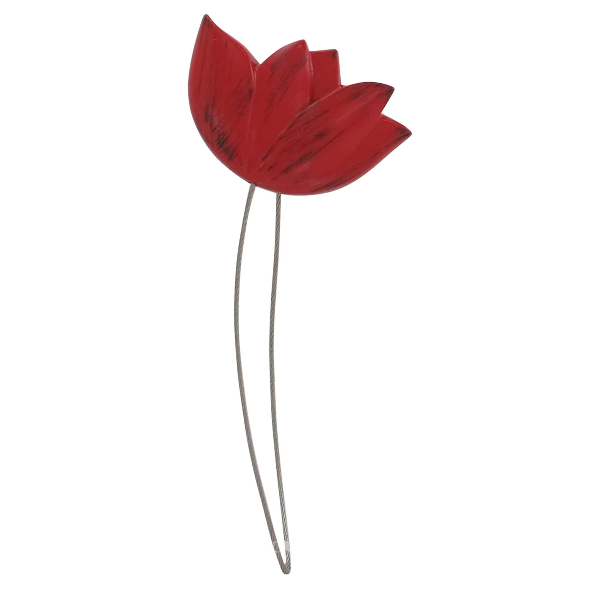 hero: Single magnetic curtain tieback with a layered resin tulip flower in red and a slim twisted cable, shown on a plain white background.