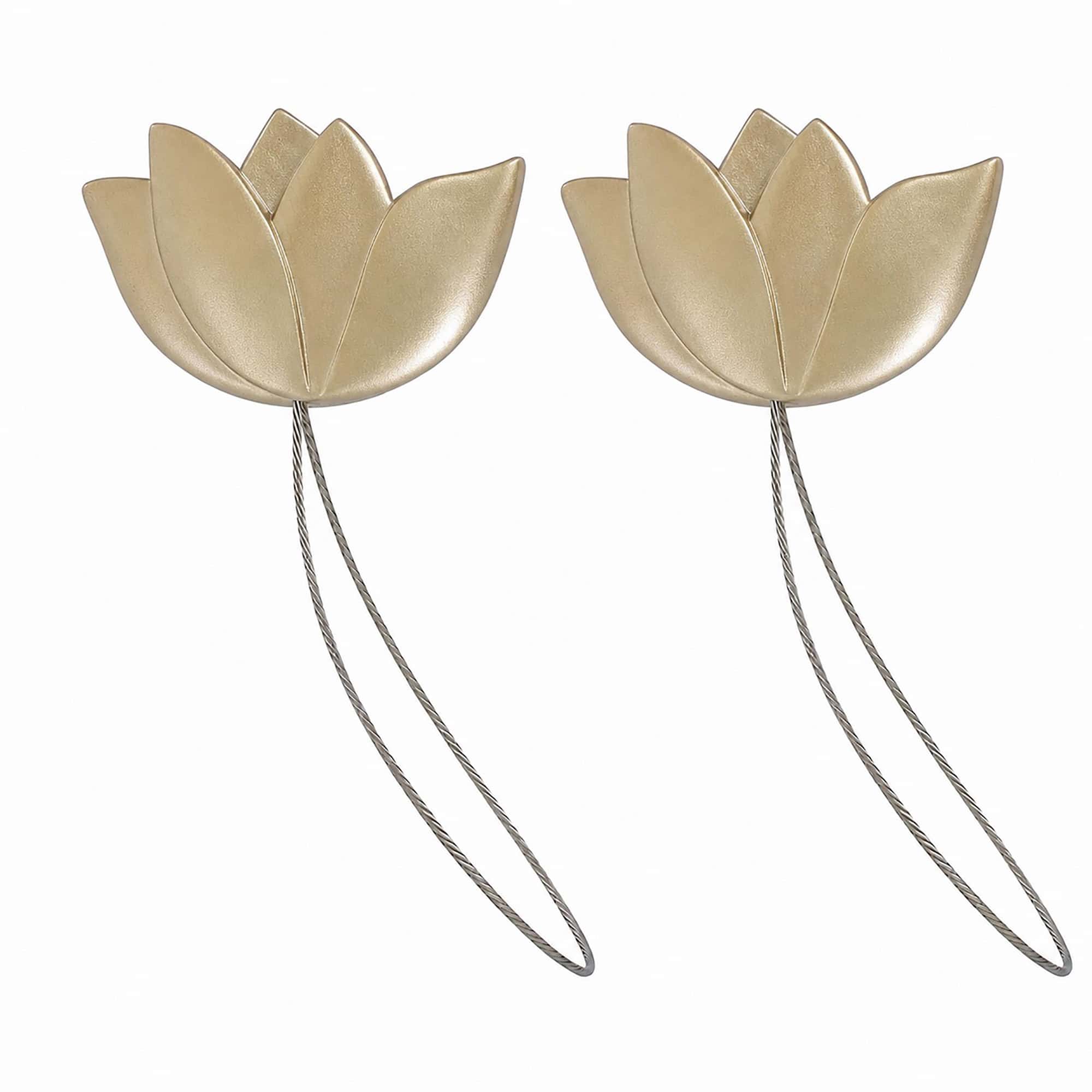 hero: Pair of magnetic curtain tiebacks with layered resin tulip flowers in gold and slim twisted cables, shown on a plain white background.