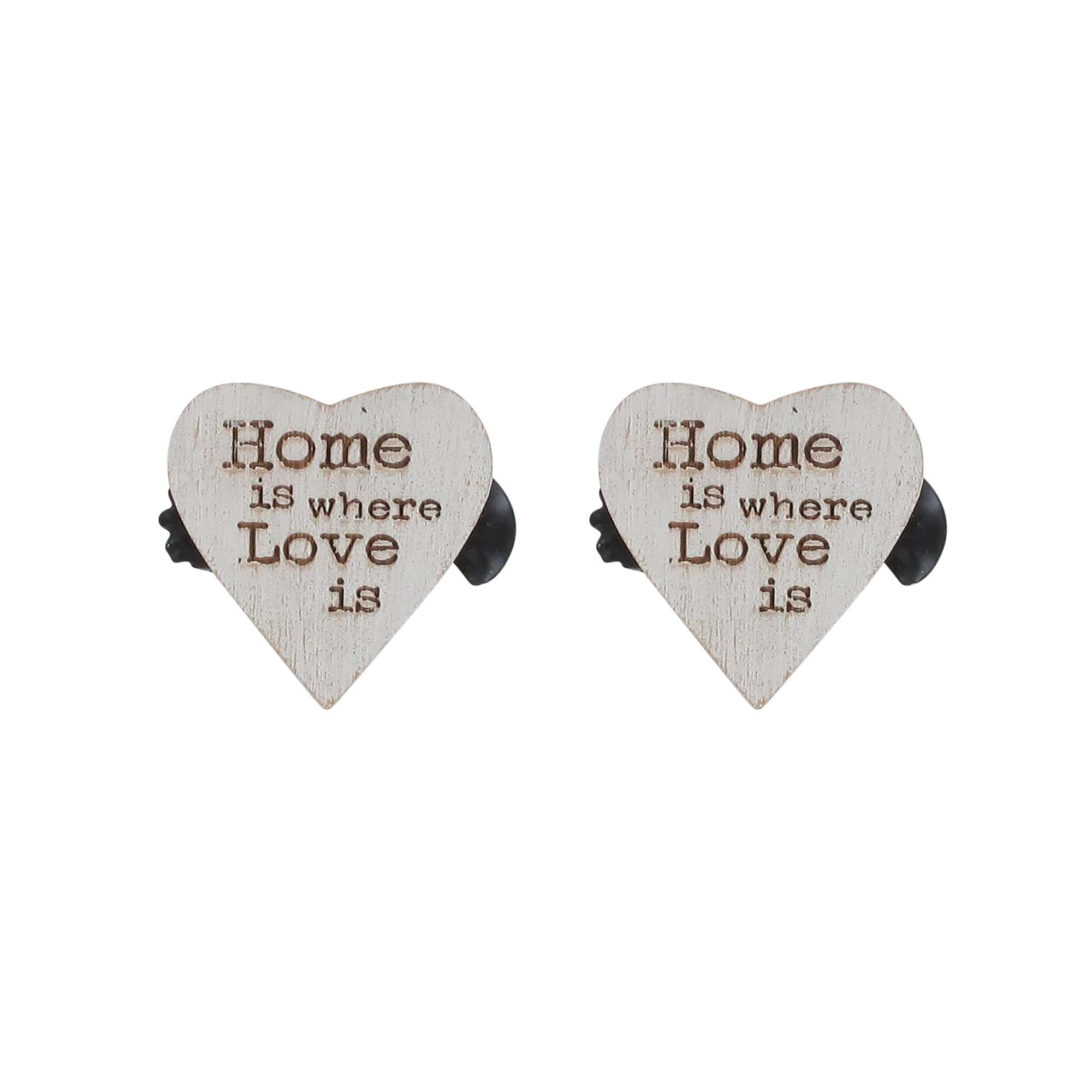 1- Set of 2 magnetic wooden heart curtain tiebacks in whitewashed finish engraved with Home is where Love is, shown on white background