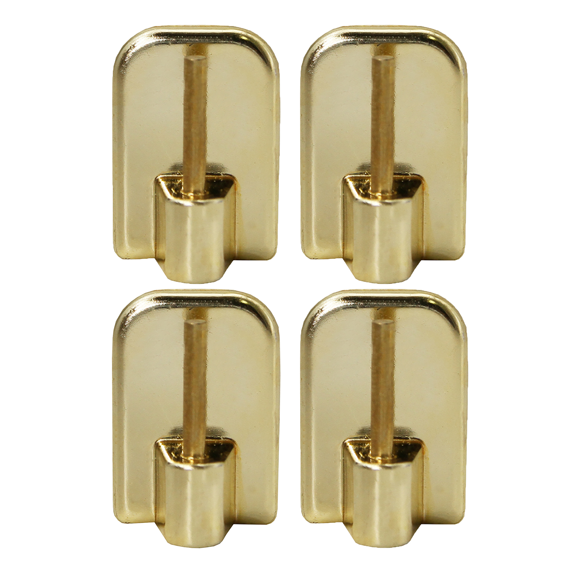 Gold self-adhesive curtain rod hooks, set of 4, with stainless steel pins on a plain background