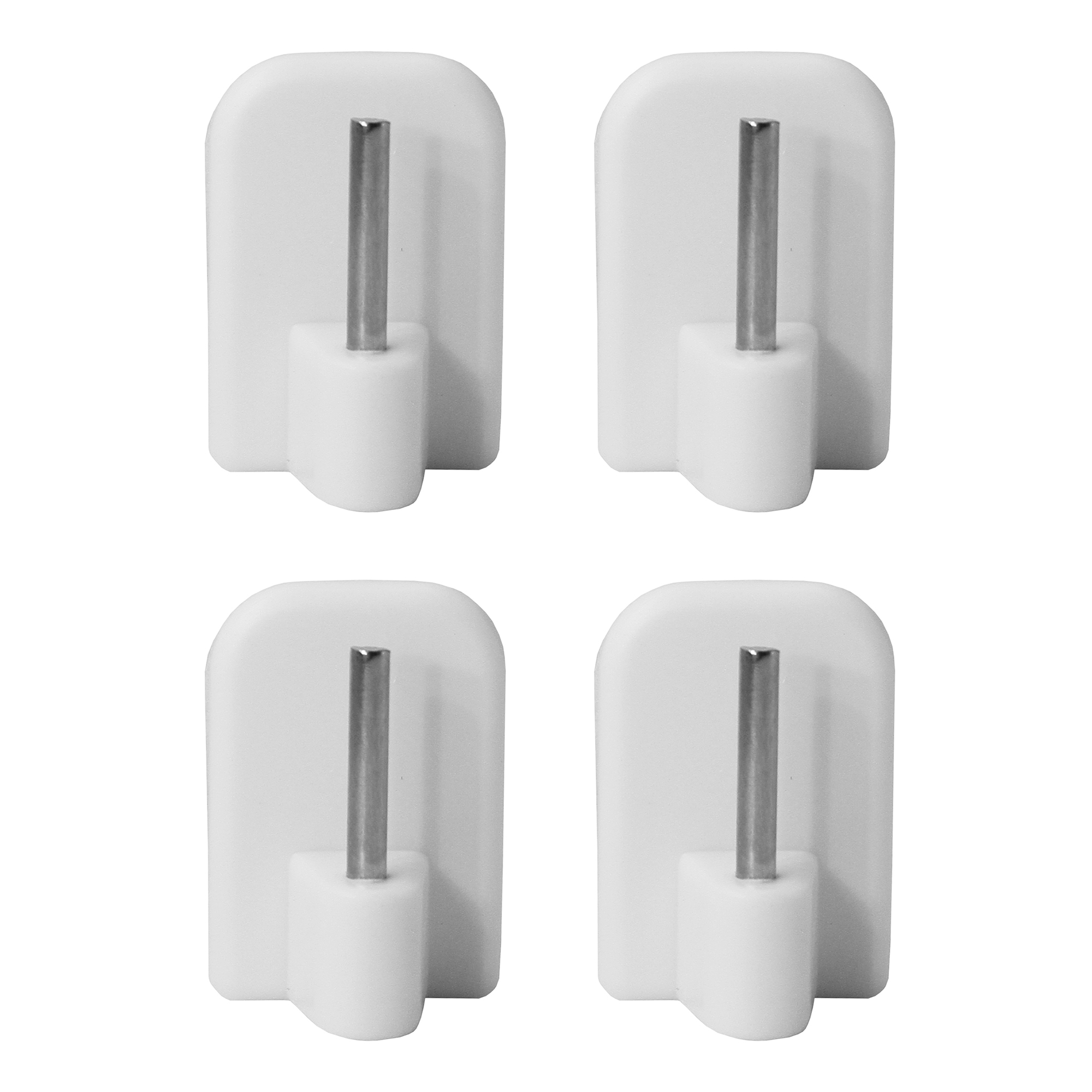White self-adhesive curtain rod hooks, set of 4, with stainless steel pins on a plain background