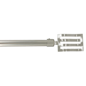 Silver adjustable curtain rod with a flat rectangular slatted finial