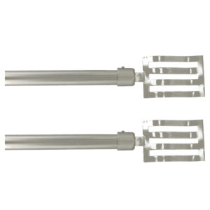 Two silver adjustable curtain rods with flat rectangular slatted finials, sold as a 2-pack