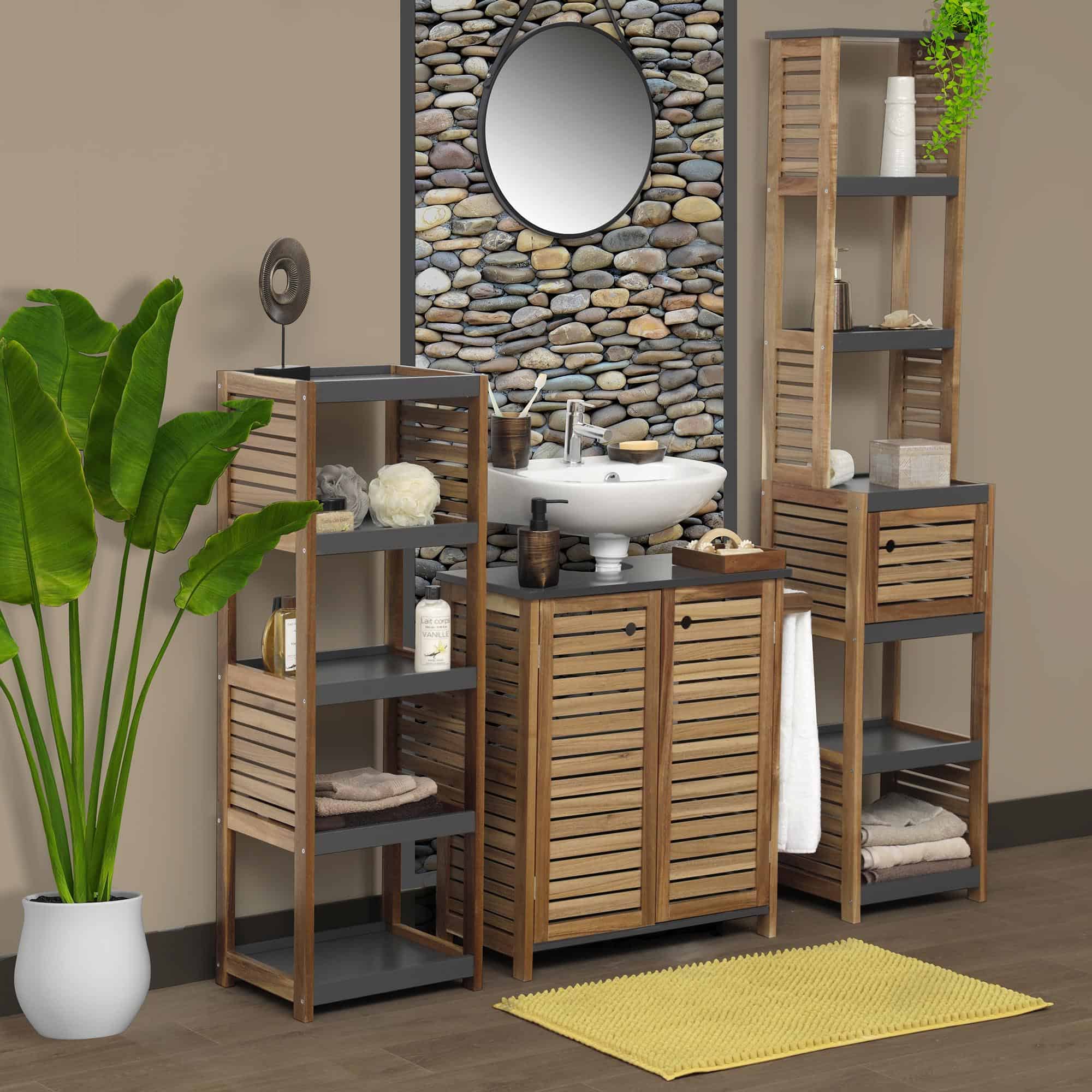 Freestanding Bath Linen Tower Cabinet Elements 1 Door 5 Shelves Wood Grey Acacia