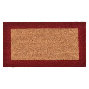 natural coir doormat with red border on white background