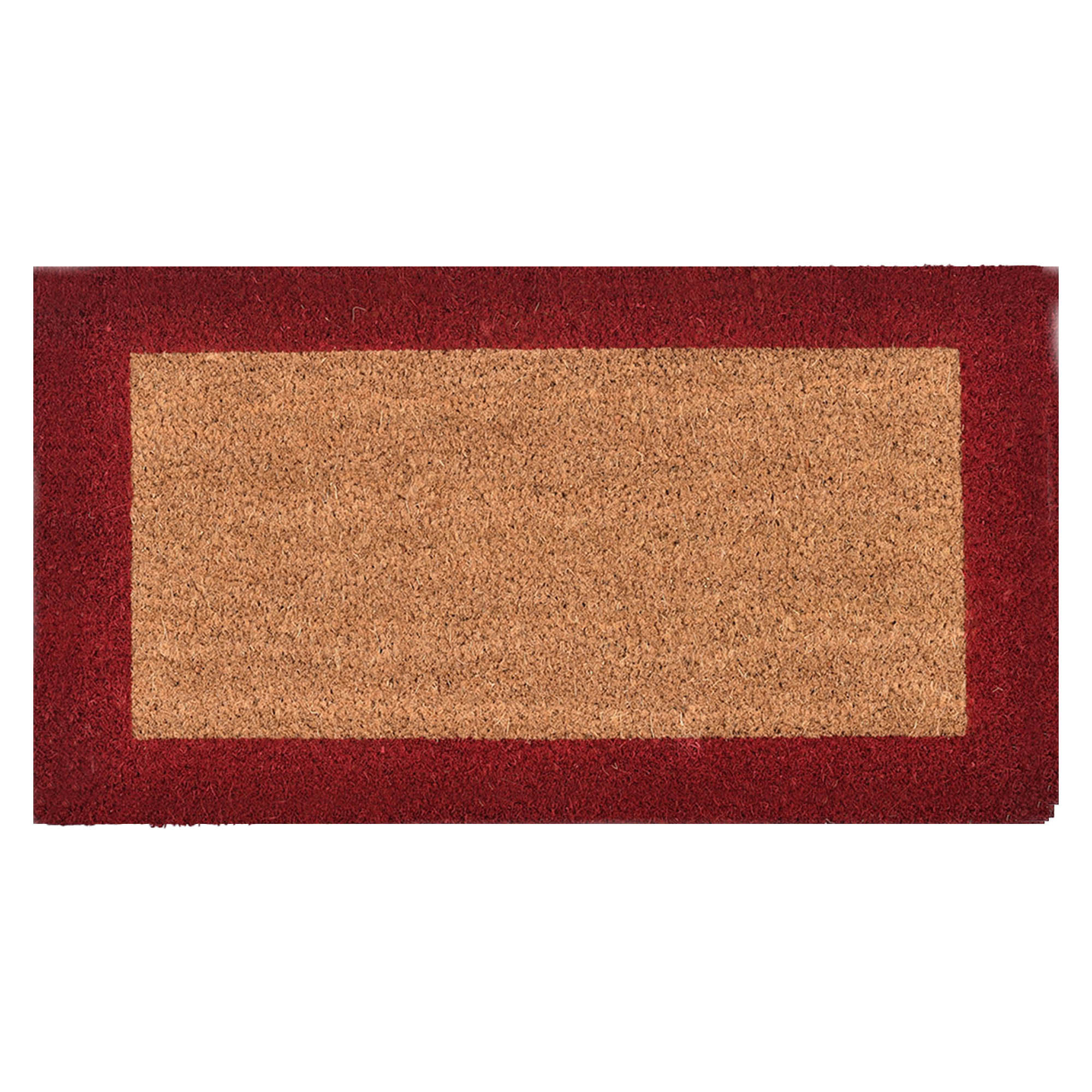 natural coir doormat with red border on white background