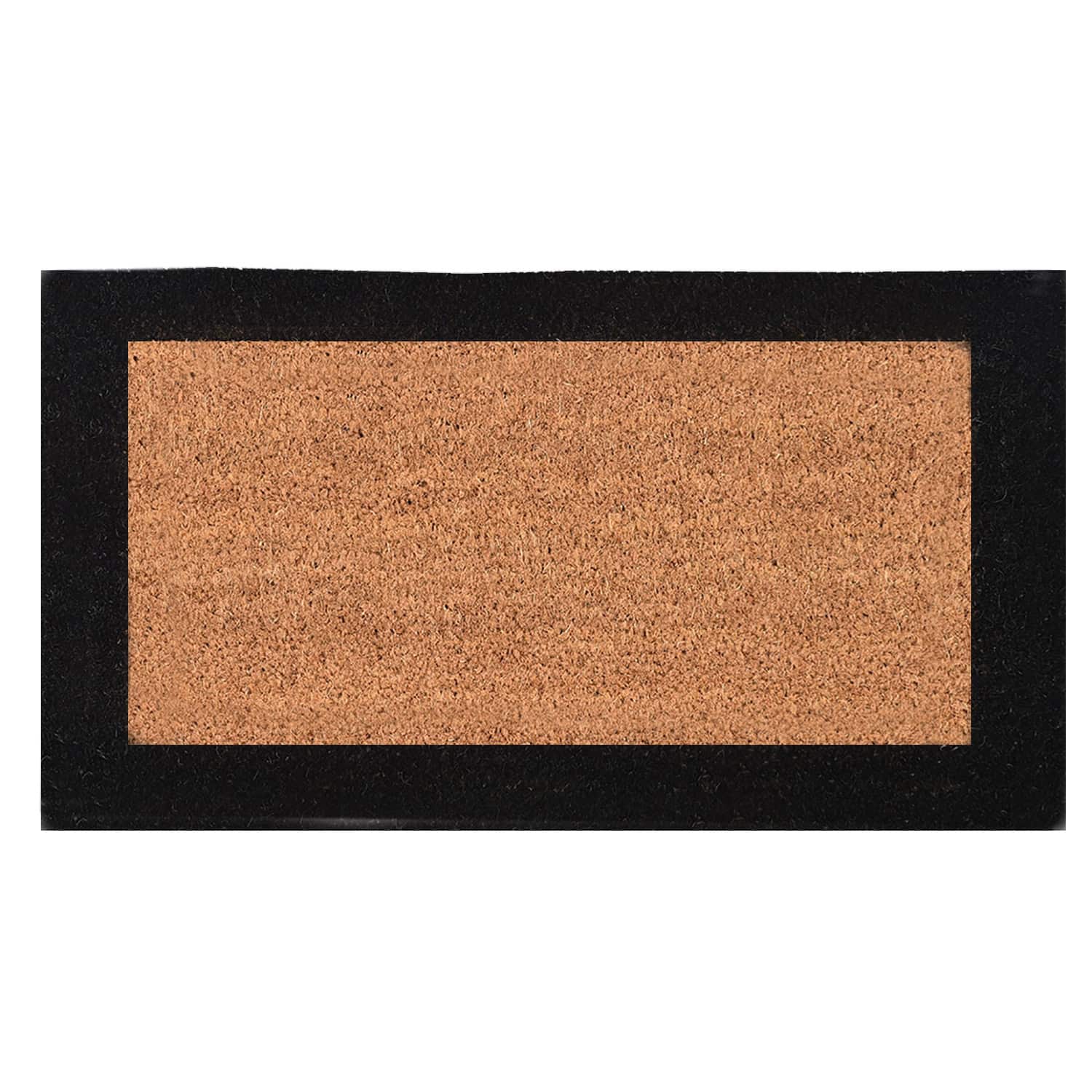 natural coir doormat with black border on white background