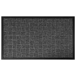 Gray checkerboard doormat with black border on white background
