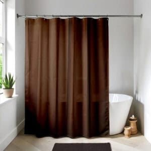 Brown shower curtain in a bright modern bathroom