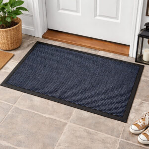 Blue indoor door mat placed in front of white entry door on tile floor