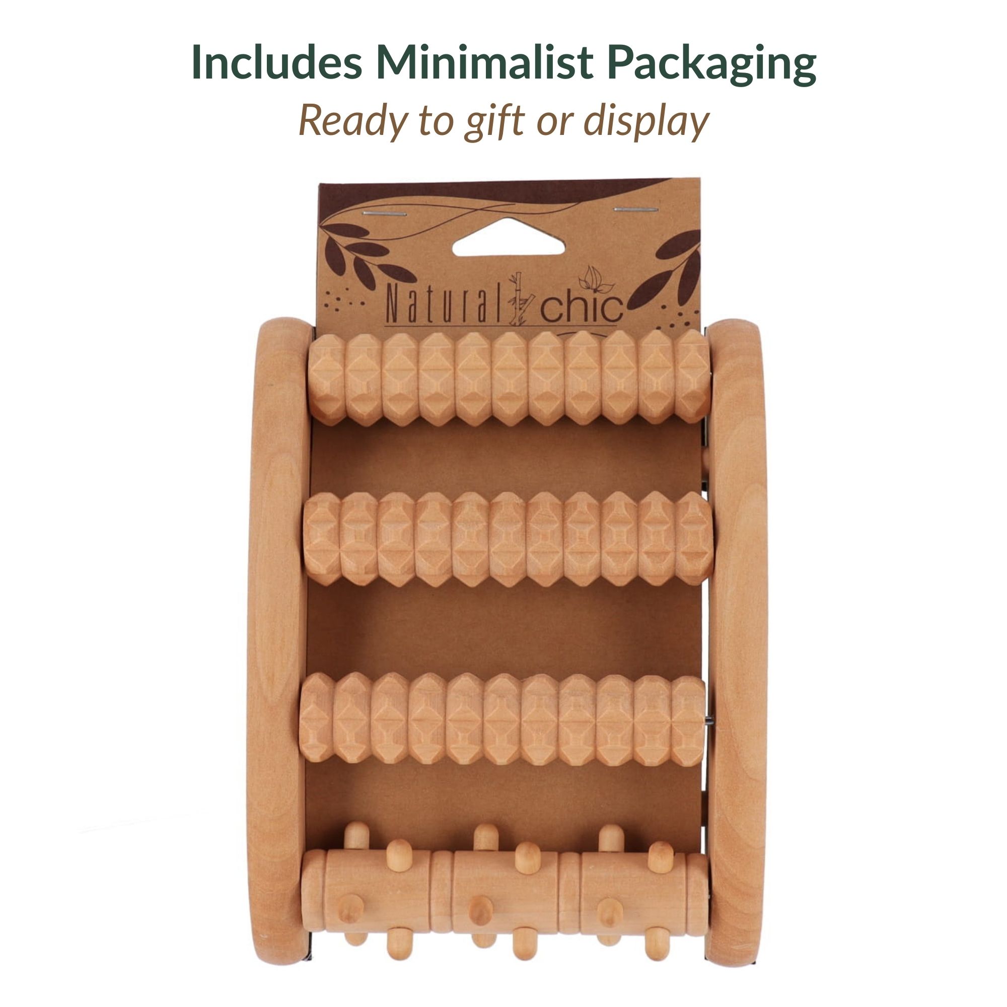 Foot roller massager displayed in natural kraft packaging with hanging hole, showing four rolling cylinders in wooden frame
