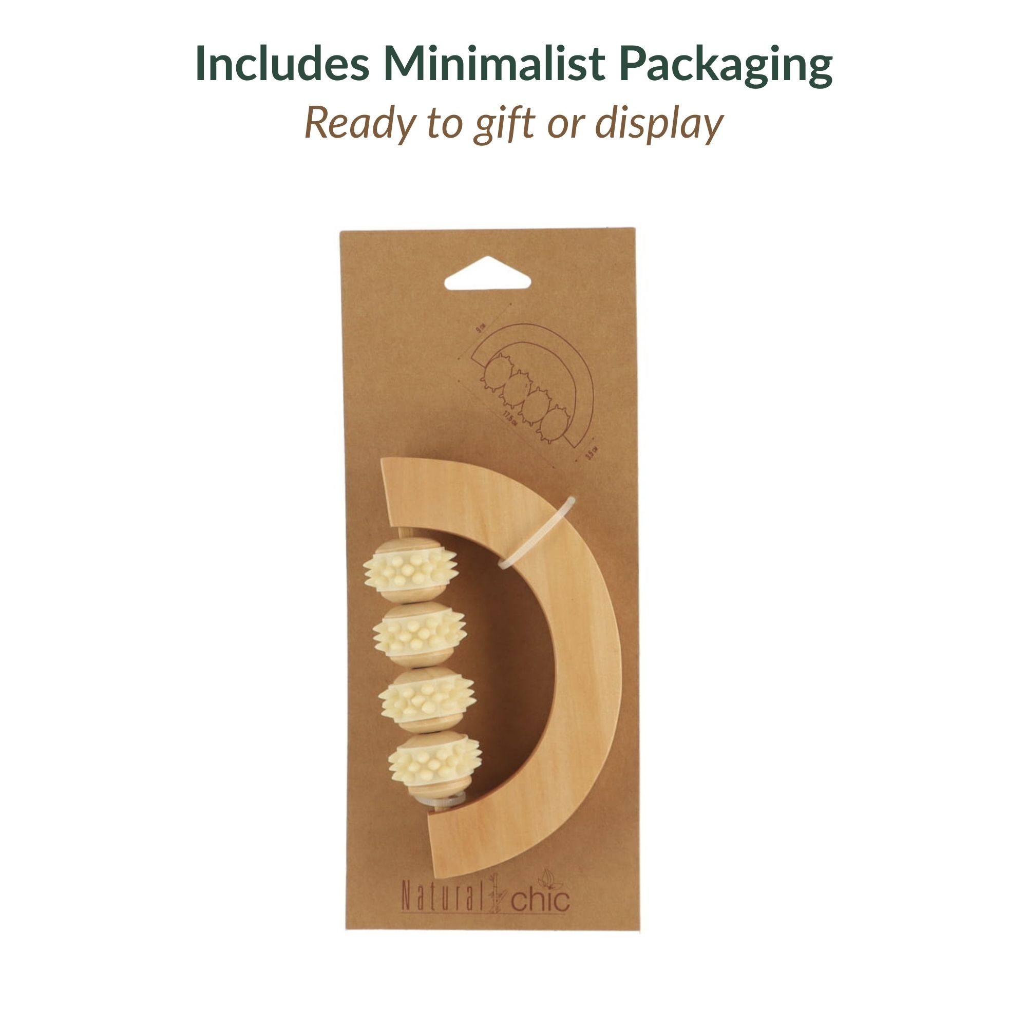 Hand massage roller displayed in kraft paper packaging with hanging hole and product illustration