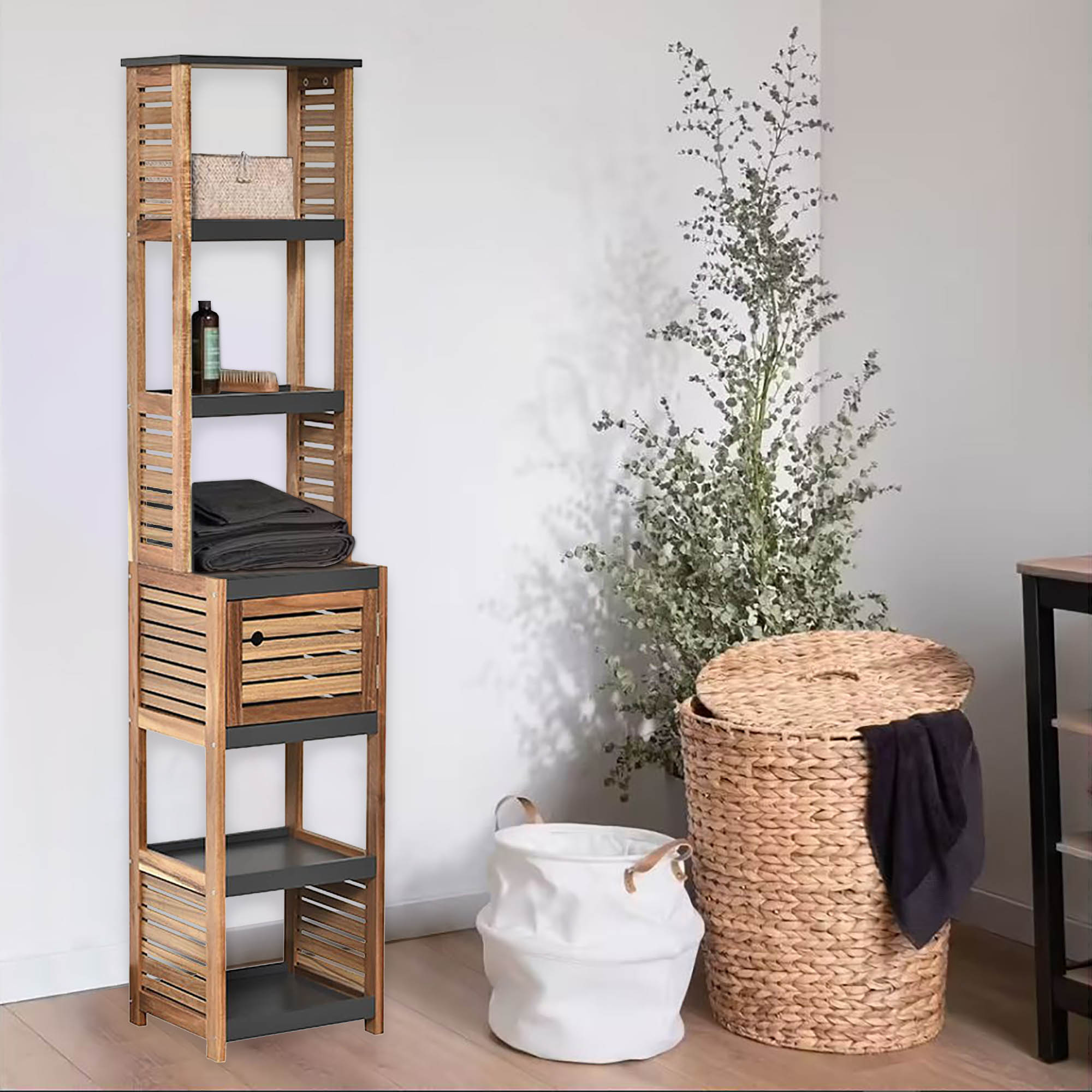 Multipurpose Tall Cabinet – Storage unit for bathroom or living space with open shelves.