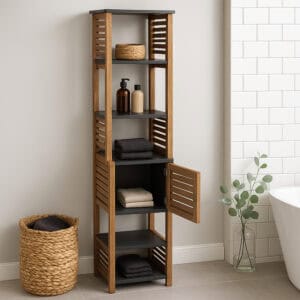 “Freestanding wood storage tower with slatted panels and grey shelves”
