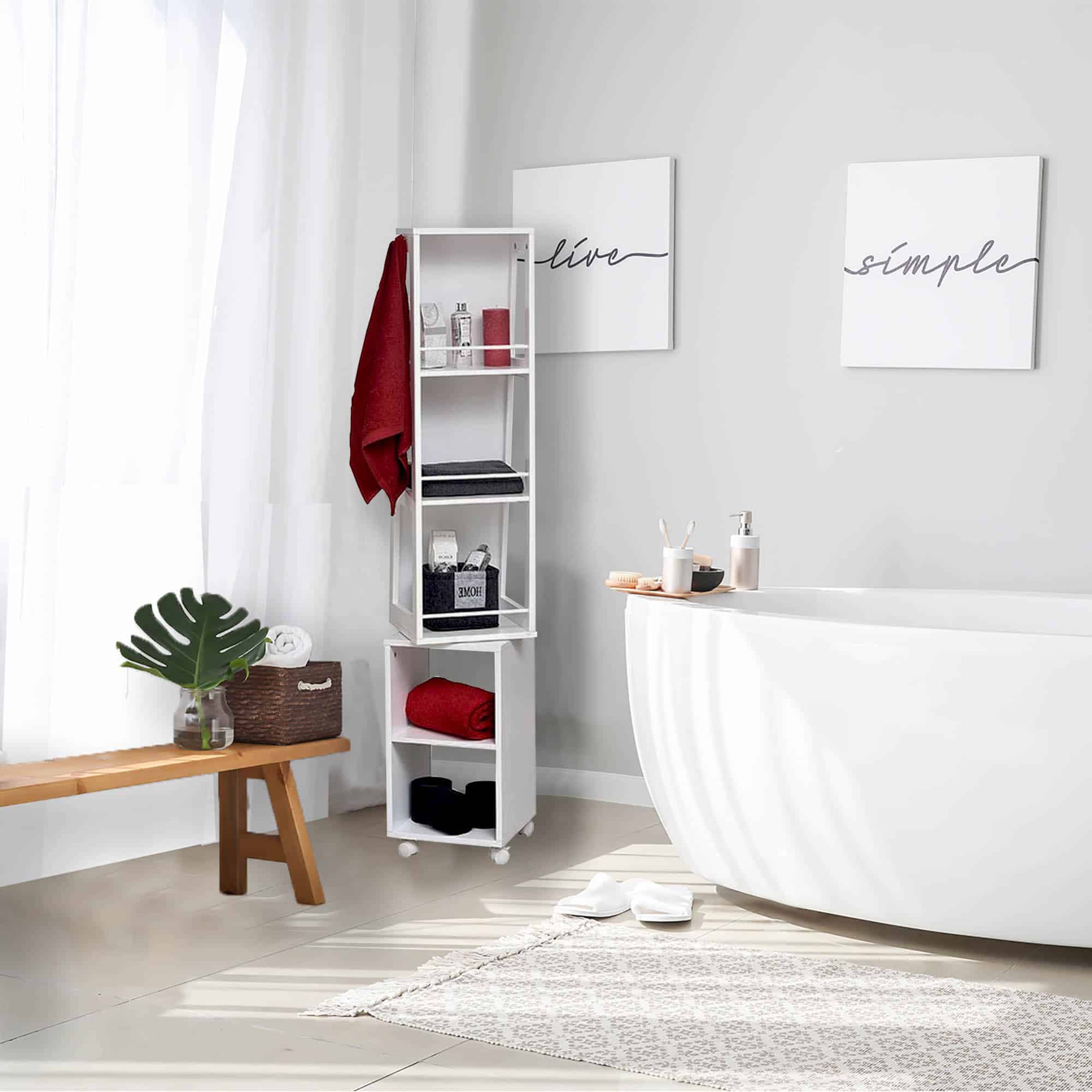 Multifunctional cabinet in minimalist bathroom – Rotating mirror cabinet styled in a modern bathroom with neutral tones, featuring storage shelves holding towels and decorative items.