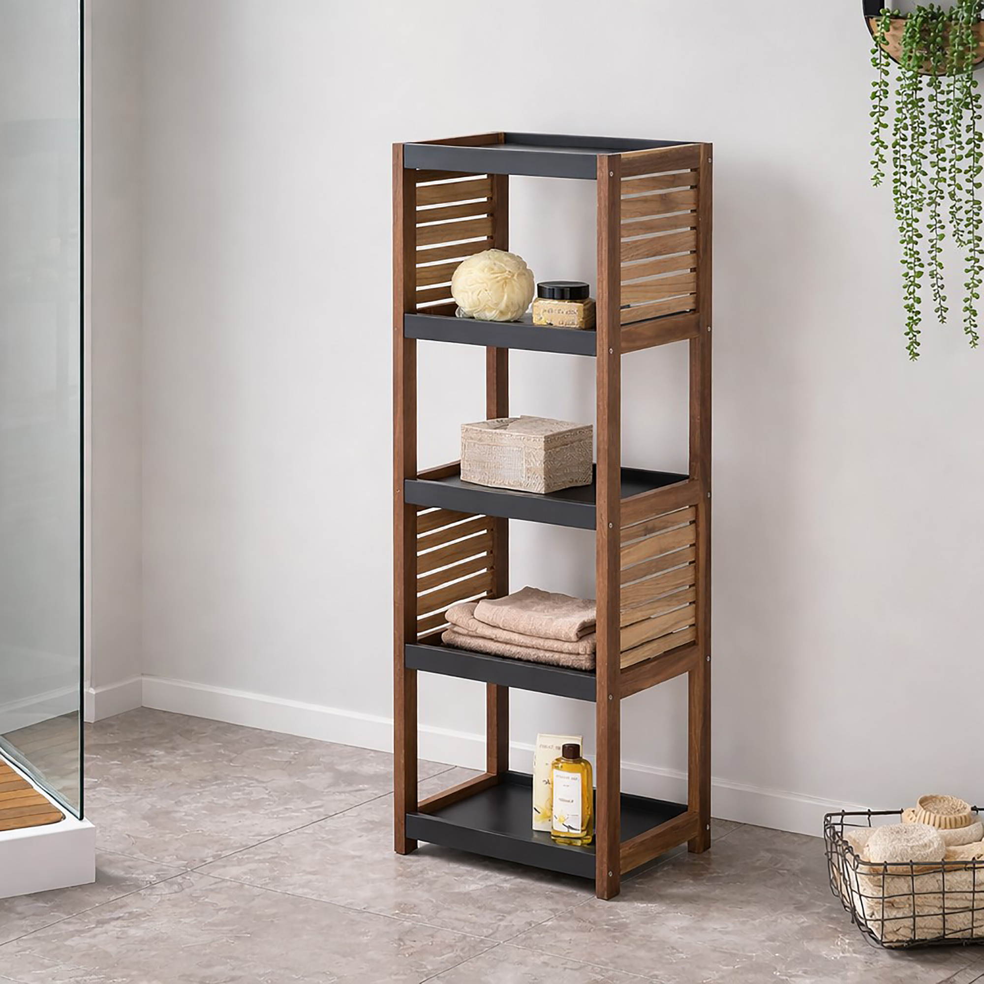 Bathroom Storage Shelf Organizer – Freestanding shelf with open tiers for space-saving storage.