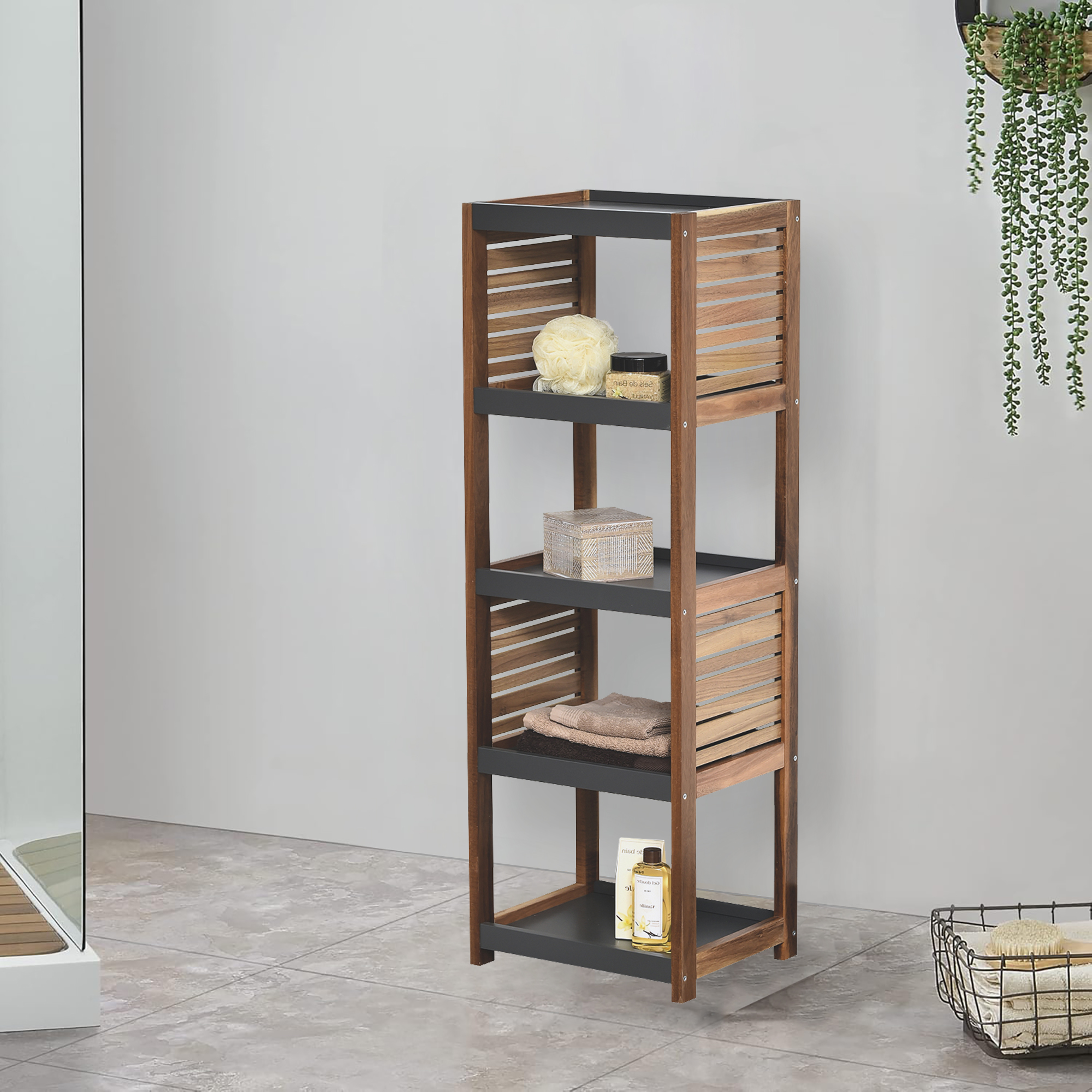 Bathroom Storage Shelf Organizer – Freestanding shelf with open tiers for space-saving storage.