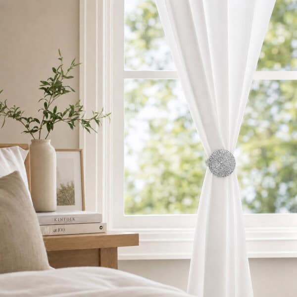 Chrome round curtain tieback clip holding back white drapes in a room