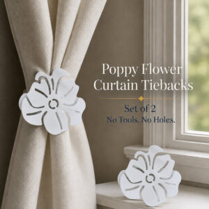 Floral curtain tiebacks clipping on with no tools and no holes