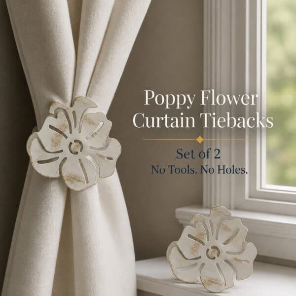 Floral curtain tiebacks clipping on with no tools and no holes