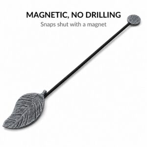 Gray leaf curtain tieback laid flat showing magnetic end-cap, no drilling required