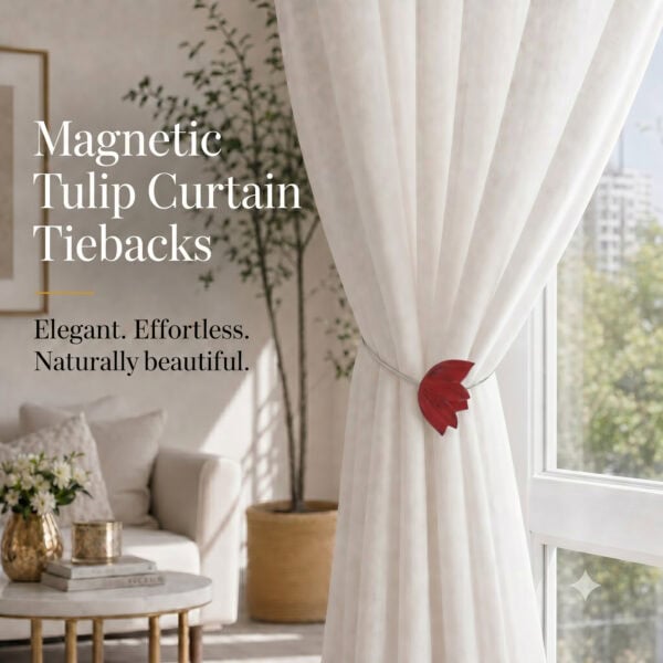 lifestyle: Red resin tulip magnetic tieback holding a flowing sheer curtain beside a sunlit window in a bright neutral living room.