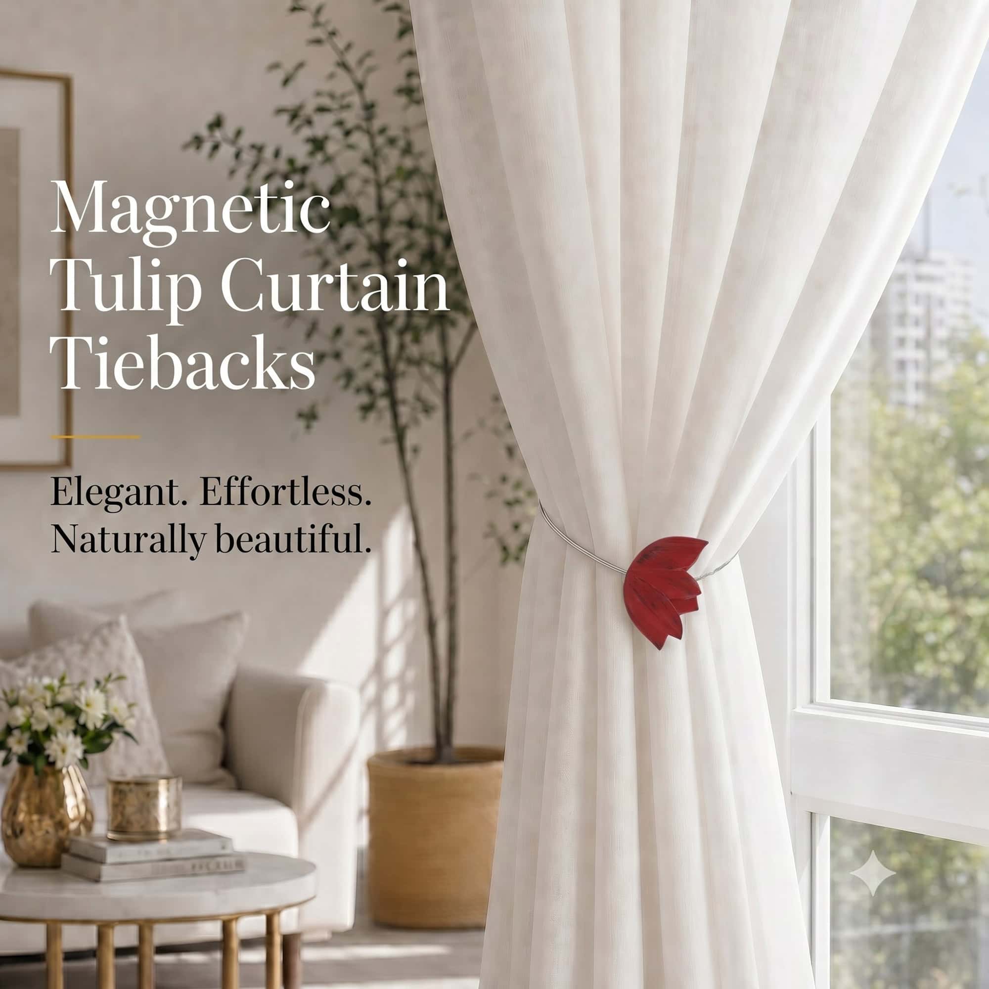 lifestyle: Red resin tulip magnetic tieback holding a flowing sheer curtain beside a sunlit window in a bright neutral living room.