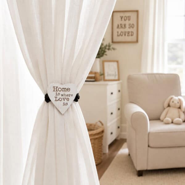 2- Magnetic heart curtain holdback gathering a sheer ivory curtain panel in a neutral farmhouse nursery with armchair and plush bunny