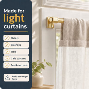 Adhesive sash rod hook holding a light sheer curtain, compatible with valances, tiers and cafe curtains