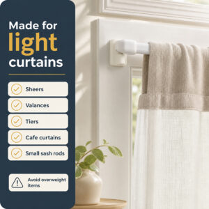 Adhesive sash rod hook holding a light sheer curtain, compatible with valances, tiers and cafe curtains