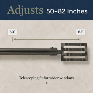 Telescoping graphite curtain rod extending from 50 to 82 inches for wider windows