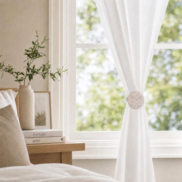 White and gold round curtain tieback clip holding back white drapes in a room