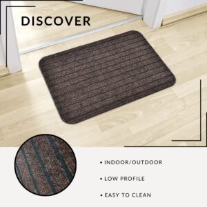 Brown low-profile doormat shown with close-up texture and feature icons