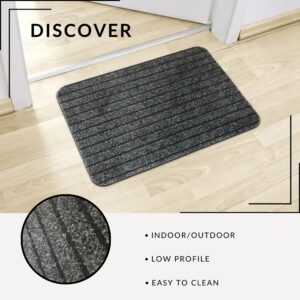 Gray low-profile doormat shown with close-up texture and feature icons