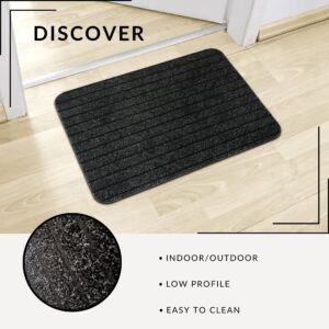 Anthracite gray low-profile doormat shown with close-up texture and feature icons
