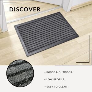 Indoor outdoor striped doormat with close-up texture and low profile design