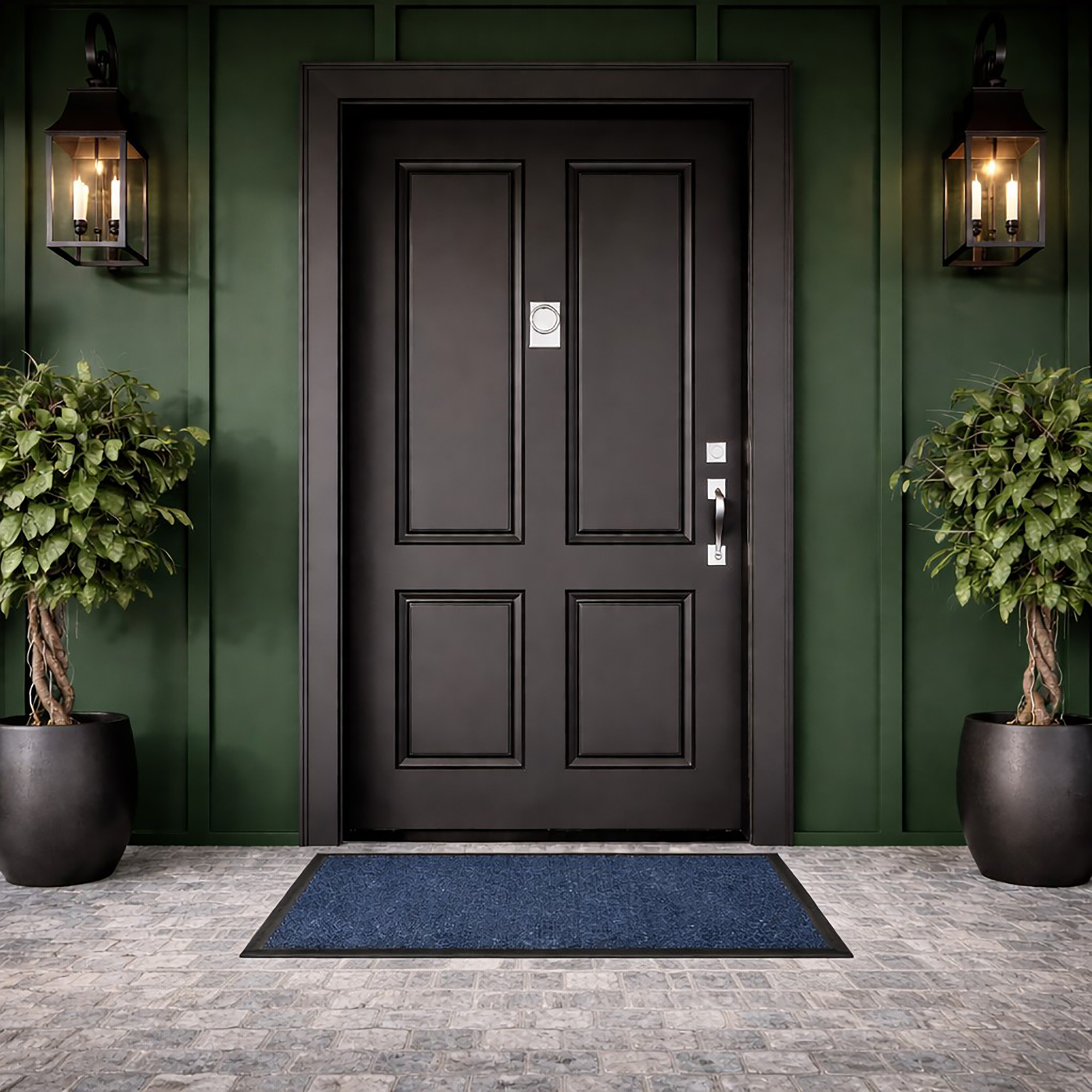 Blue front door mat at modern exterior entryway with black door