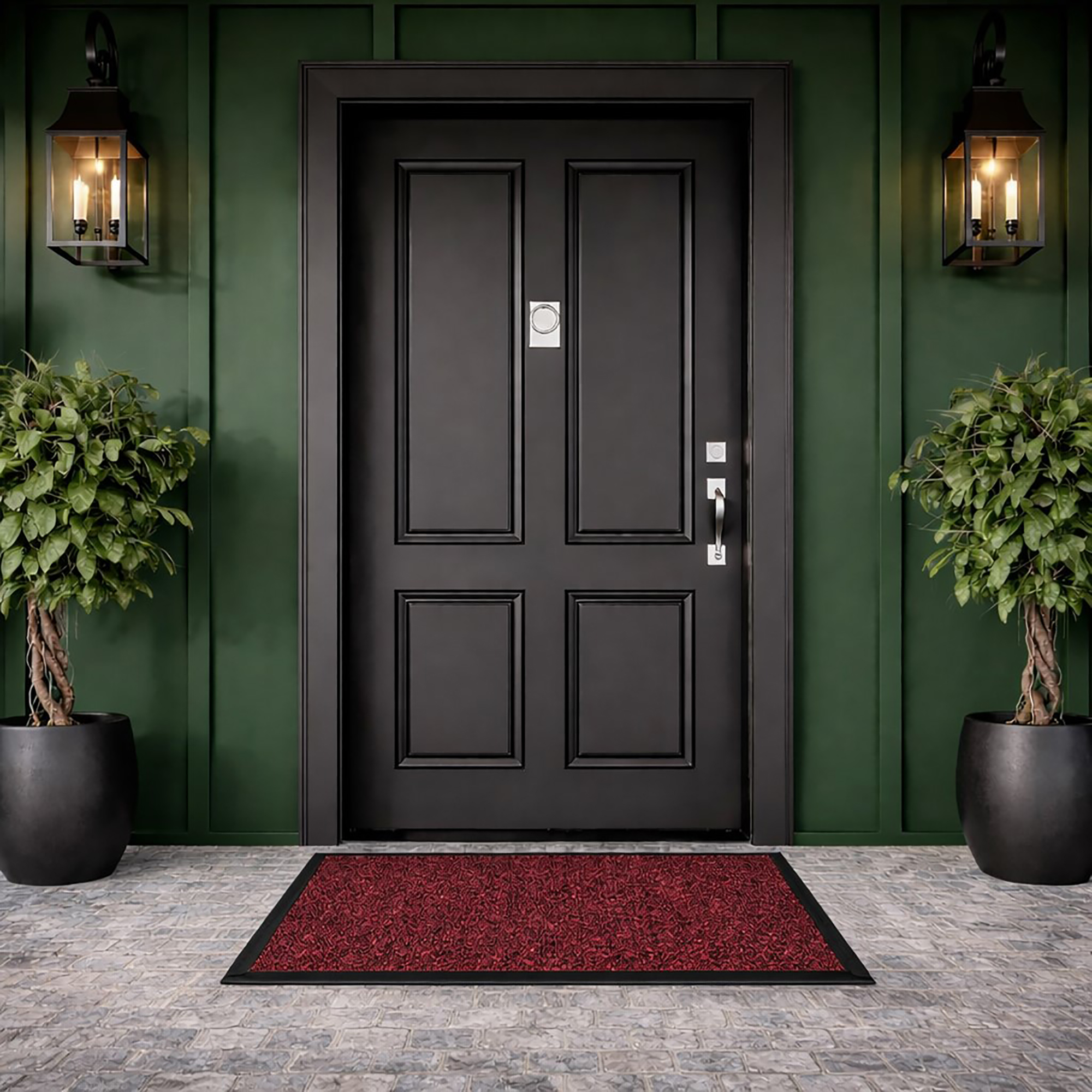 Red front door mat at modern exterior entryway with black door