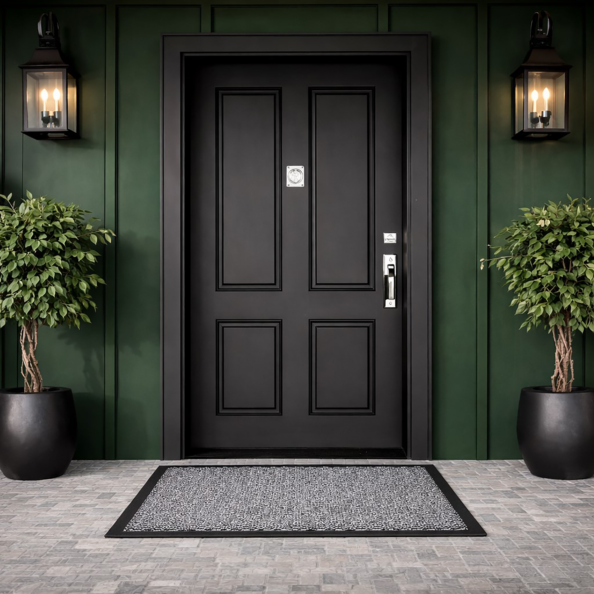 Gray front door mat at modern exterior entryway with black door