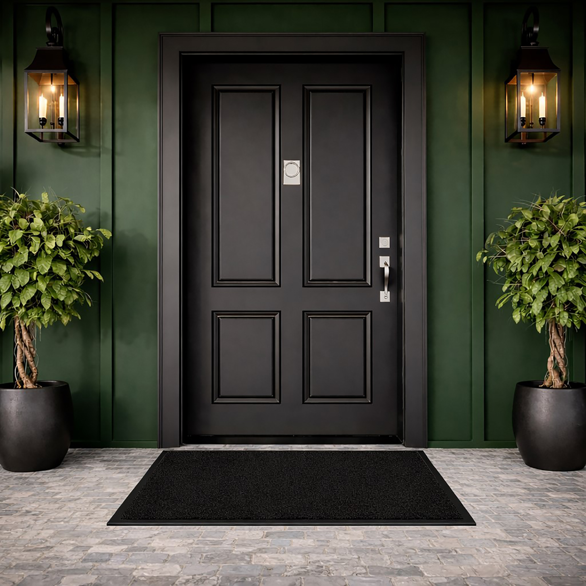 Black front door mat at modern exterior entryway with black door