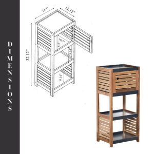 "Dimension diagram of bathroom storage unit showing 14.5"W x 11.12"D x 32.12"H with interior shelf measurements"