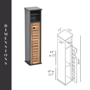 "Dimension diagram of dark grey toilet paper cabinet showing 7.2"W x 29.9"H with interior shelf measurements and line drawing"