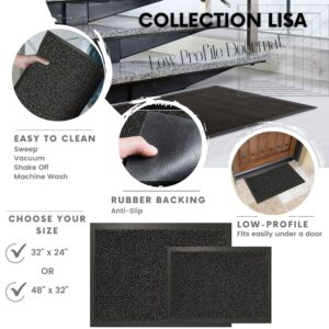 Black low profile doormat under stairs shown in lifestyle setting