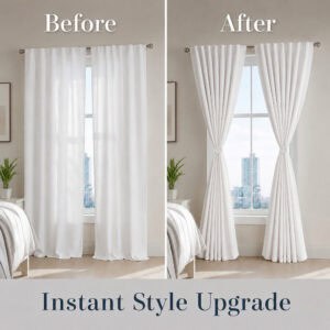 Before and after of curtains styled with round tieback clips