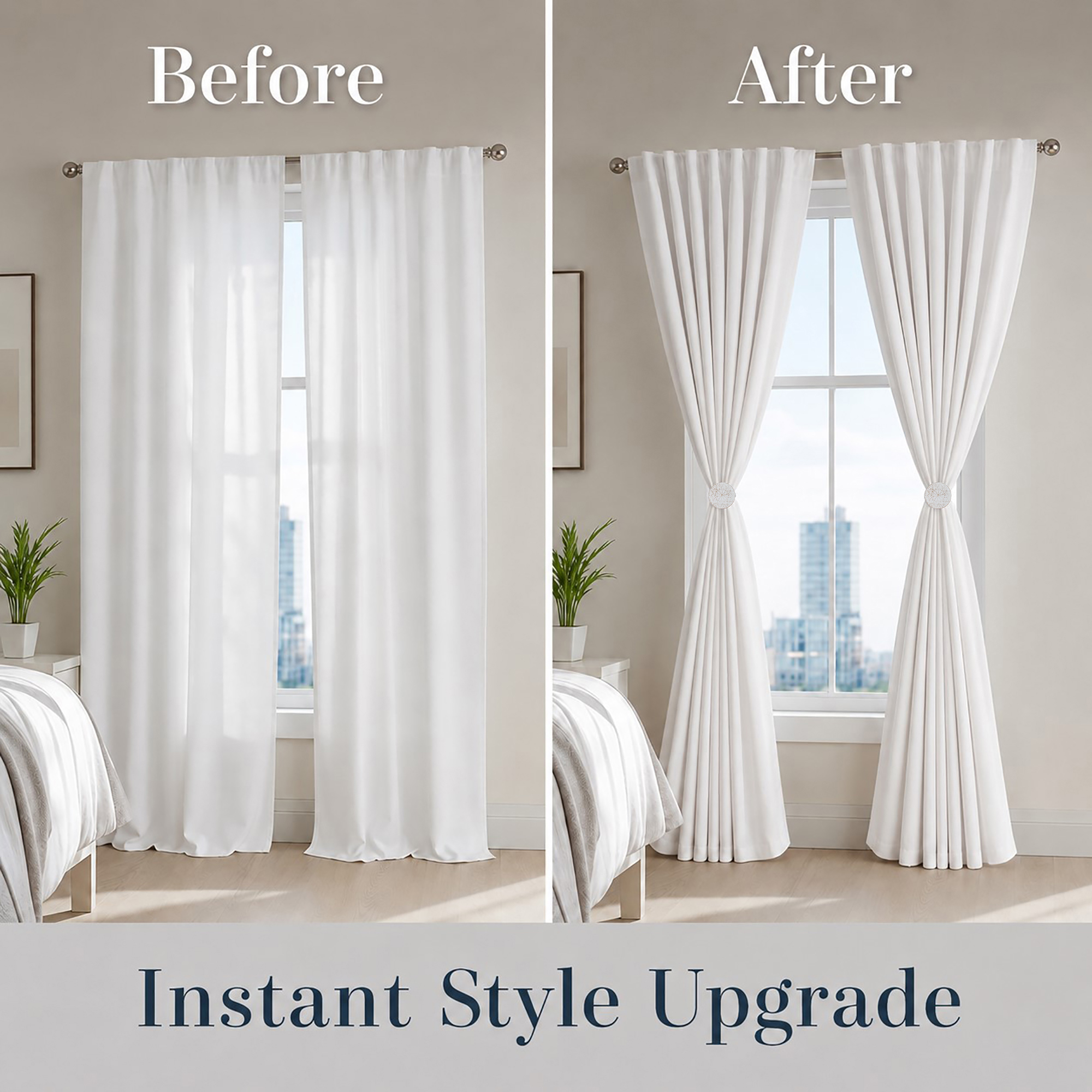 Before and after of curtains styled with round tieback clips