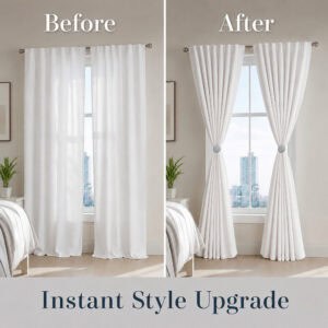 Before and after of curtains styled with round tieback clips